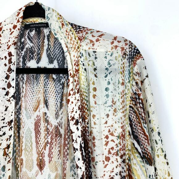 Olivaceous Snakeskin Abstract Print Kimono Cardigan Women's L Draped Open Front - Picture 3 of 7